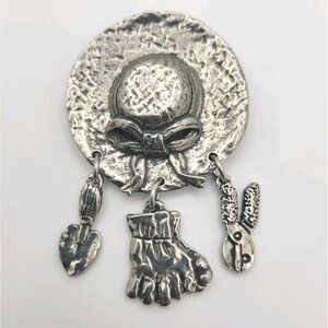 Vintage Sheridan Pewter Hat Brooch Pin Signed Gardening Charms Cottagecore